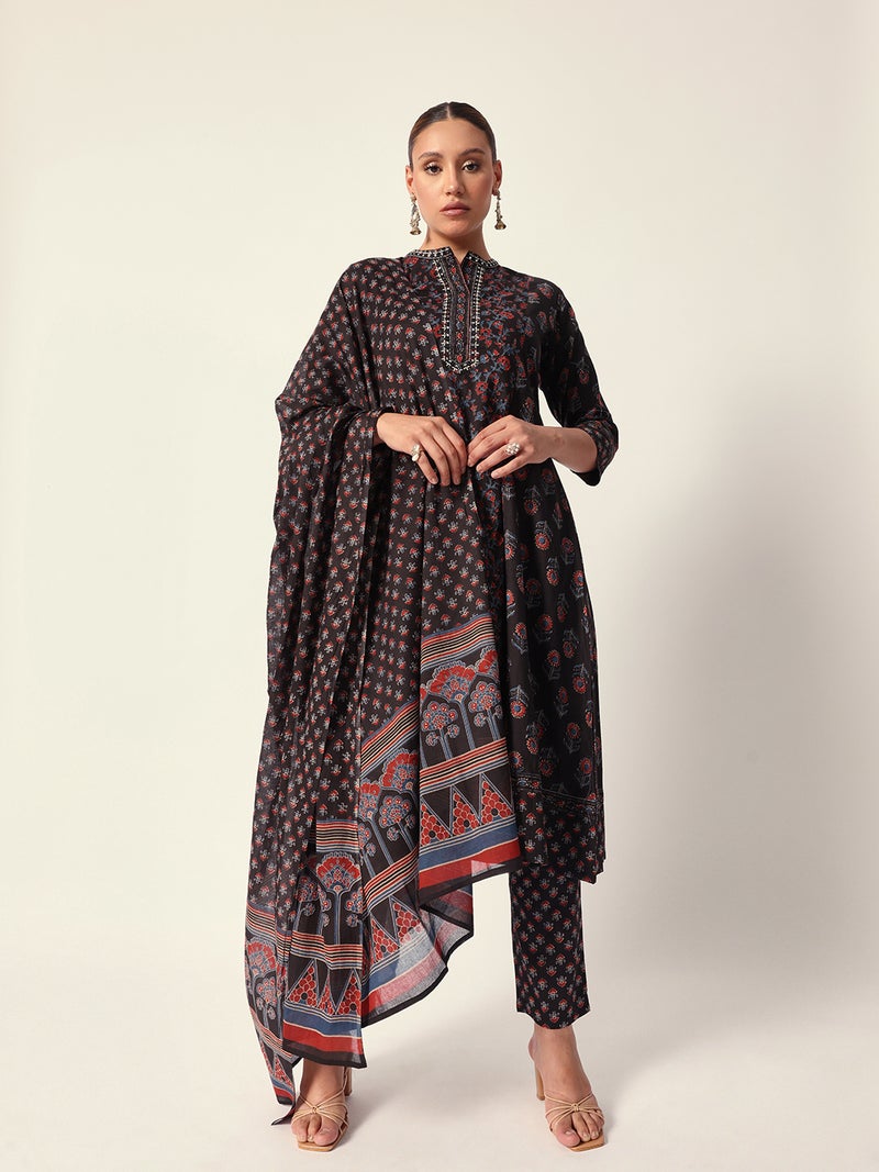 ISHIN Women's Black Cotton Textured Tunic Full Palazzo Regular Fit Kurta Set  - Image 1