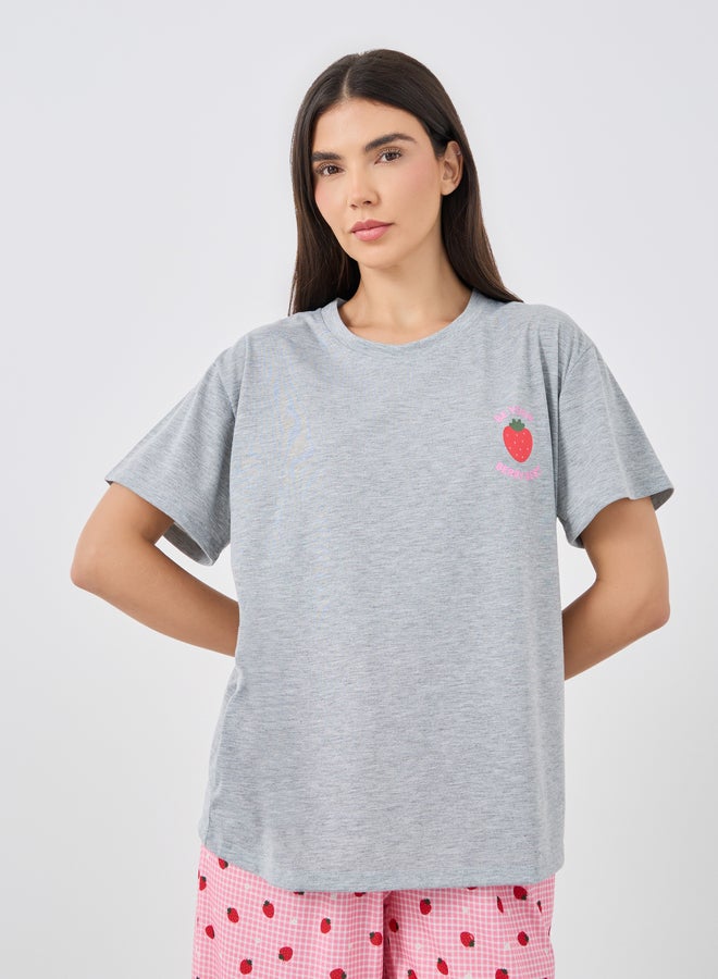 Styli Women Strawberry Print Dropped Shoulder T-Shirt and Side Slit Pyjama Set - Image 3