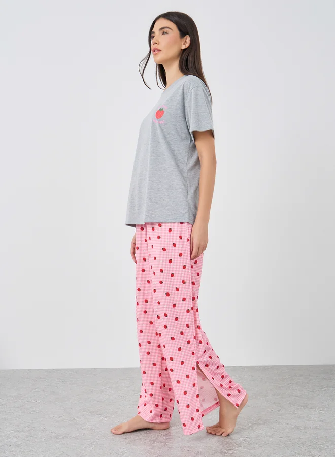 Styli Styli Women Strawberry Print Dropped Shoulder T-Shirt and Side Slit Pyjama Set
