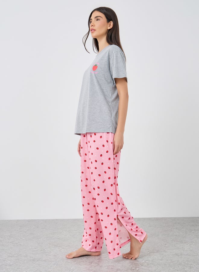Styli Women Strawberry Print Dropped Shoulder T-Shirt and Side Slit Pyjama Set - Image 1