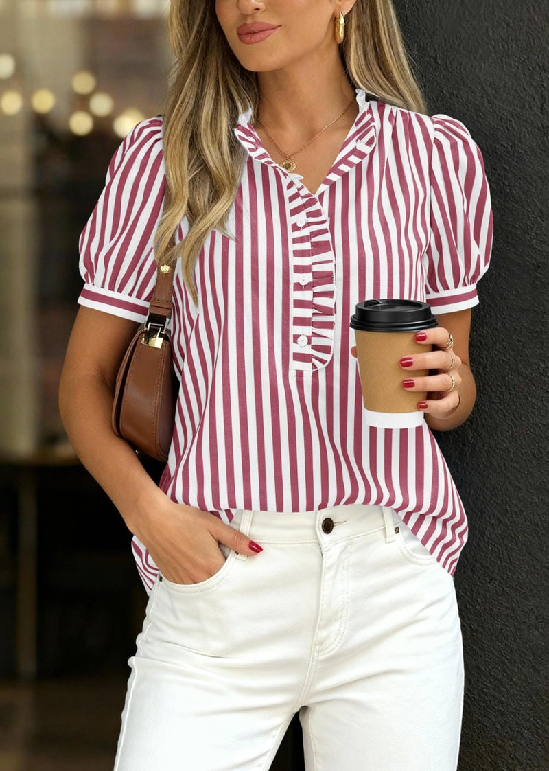 MASCOMODA Womens Puff Short Sleeve Summer Tops Striped Plaid Ruffle V Neck Button Down Shirts Business Casual Work Blouses(Striped Wine Red,Large) - Image 3