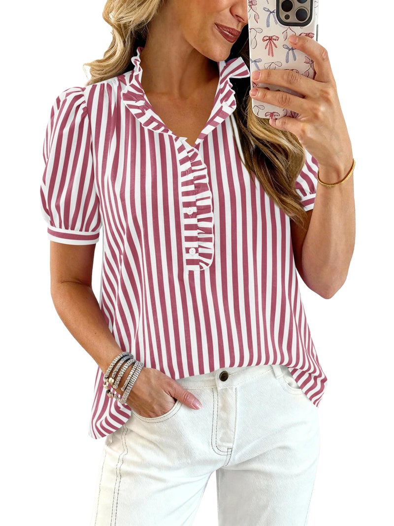 MASCOMODA Womens Puff Short Sleeve Summer Tops Striped Plaid Ruffle V Neck Button Down Shirts Business Casual Work Blouses(Striped Wine Red,Large) - Image 1