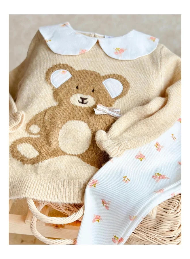 Magu Girls' Knitted Teddy-Patterned Peter Pan Collar Sweater and Leggings Set