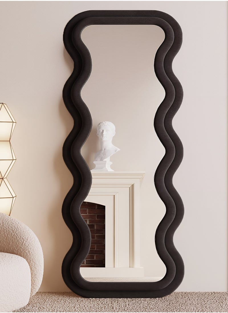 Taimi Full Length Mirror with Velvet Frame, Irregular Wavy Floor Mirror for Bedroom, Living Room, Dressing Room, Black - 170x70cm  - Image 1