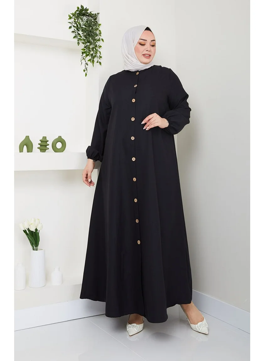 Sefa Merve Plus Size Elastic Sleeve Plain Abaya 0713-01 Black