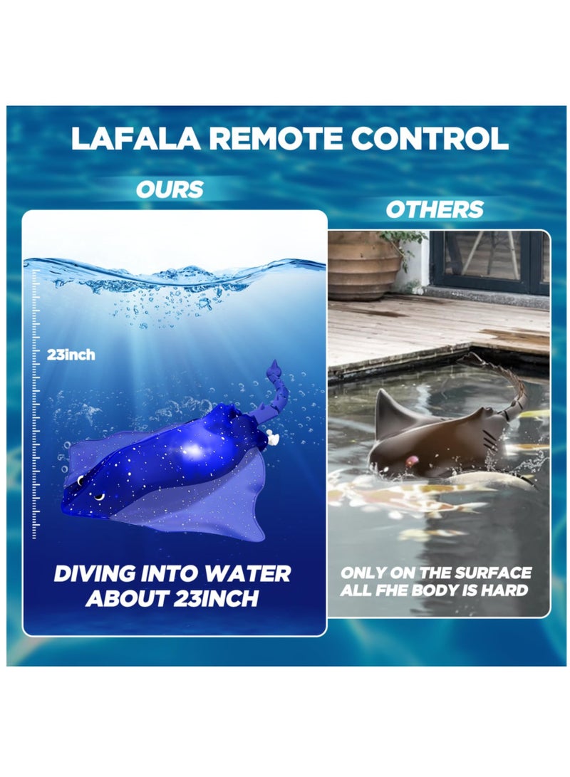 Zikra Remote Control Boat High-Simulation Diving Manta Ray Pool Toys for Kids Age 4+, 2.4gz RC Boat Stingray Robot Fish Toy with LED Lights for Lake Swimming Pool Bathroom, Blue - Image 3
