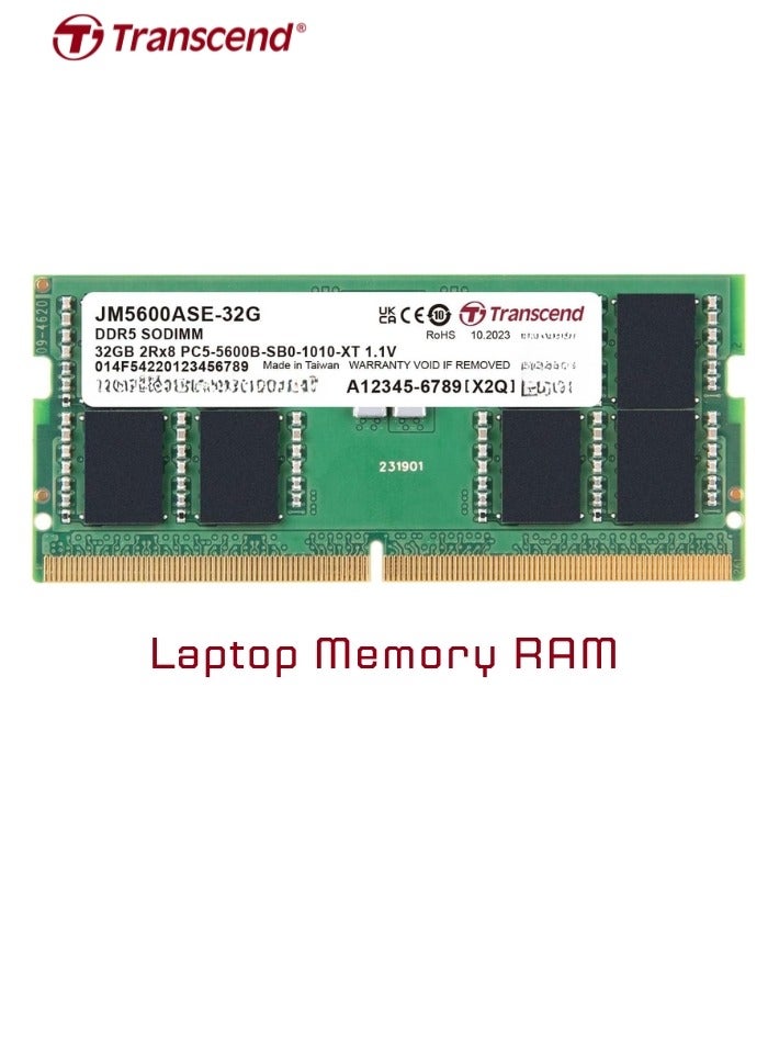 Transcend JetRAM 32GB DDR5 5600 Mhz | SO-DIMM | CL46 1.1V | JM5600ASE-32G | Laptop Memory RAM green - Image 1