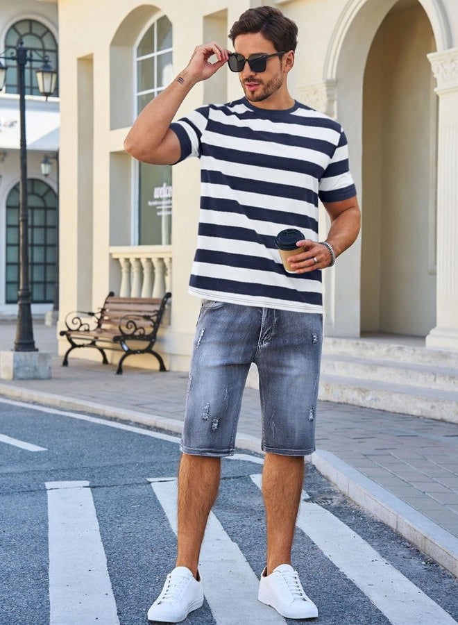 Runcati Mens Short Sleeve T-Shirts Striped Casual Crewneck Basic Shirt Color Block Stretch Summer Beach Tees, Navy Blue, L - Image 4