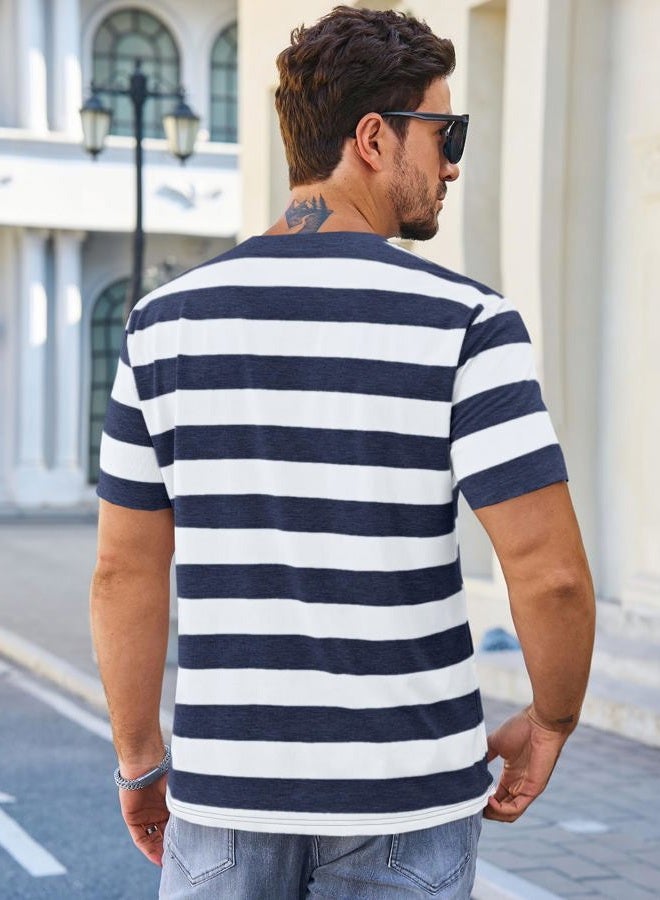 Runcati Mens Short Sleeve T-Shirts Striped Casual Crewneck Basic Shirt Color Block Stretch Summer Beach Tees, Navy Blue, L - Image 3