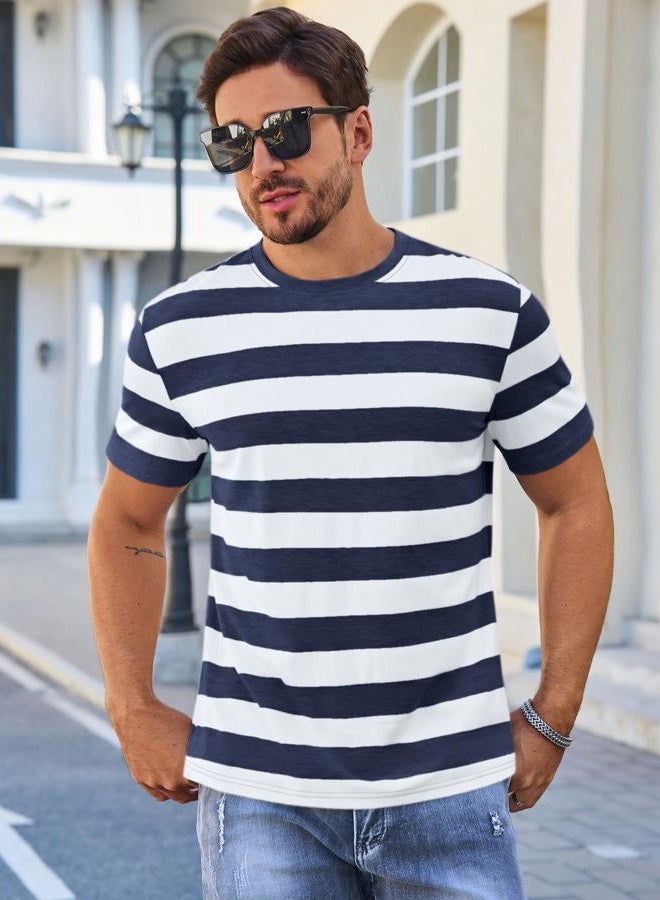 Runcati Mens Short Sleeve T-Shirts Striped Casual Crewneck Basic Shirt Color Block Stretch Summer Beach Tees, Navy Blue, L - Image 2