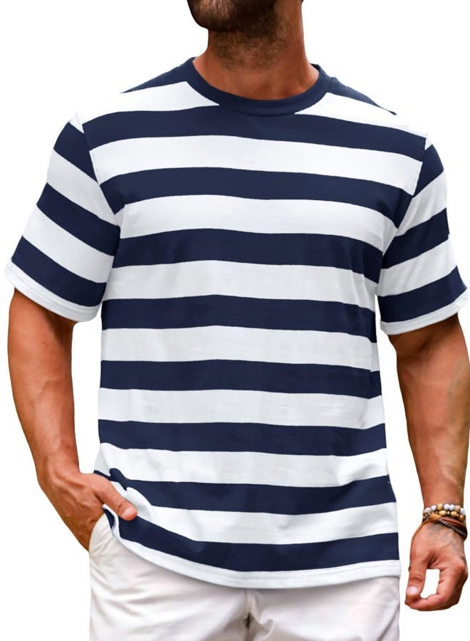 Runcati Mens Short Sleeve T-Shirts Striped Casual Crewneck Basic Shirt Color Block Stretch Summer Beach Tees, Navy Blue, L - Image 1