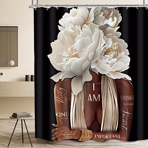 MESHELLY Black Girl Shower Curtain 60Wx72H African American Woman Black and White Peony Floral Quotes Girly Bathroom Curtain Fashion Positive Bath Curtain Fabric Flower Bathroom Decor with 12 Hooks - Image 2