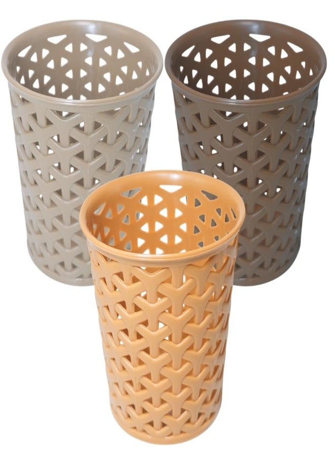 MORVI Linea Big Round Plastic Multipurpose Organizer For Kitchen, Bathroom, Salon, Office|Stationery,Cutlery,Pen,Makeup Brushes Holder|Hanging Toothbrush Stand |Pack Of 3 | COFFEE CAMEL BROWN - Image 1