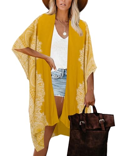 Moss Rose Women's Beach Cover up Swimsuit Kimono with Bohemian Floral Print, Loose Casual Resort Wear Mustard - Image 1