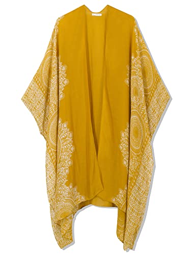 Moss Rose Women's Beach Cover up Swimsuit Kimono with Bohemian Floral Print, Loose Casual Resort Wear Mustard - Image 2