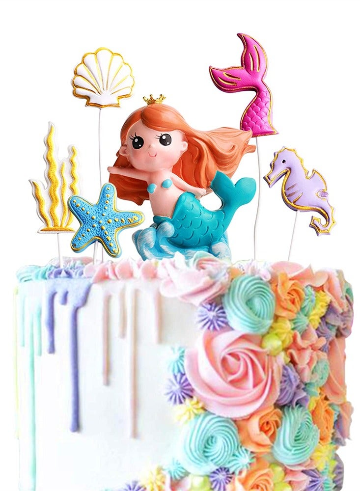 Excefore 6 Pack Resin 3D Mermaid Inspired Cake Topper Figurine with 2D Starfish Seaweed Seahorse Shell Mermaid Tail Cupcake Toppers Picks Kids Birthday Party Wedding Cake Decorations Supplies - Image 1