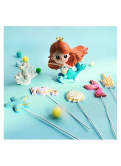 Excefore 6 Pack Resin 3D Mermaid Inspired Cake Topper Figurine with 2D Starfish Seaweed Seahorse Shell Mermaid Tail Cupcake Toppers Picks Kids Birthday Party Wedding Cake Decorations Supplies  - Image 3