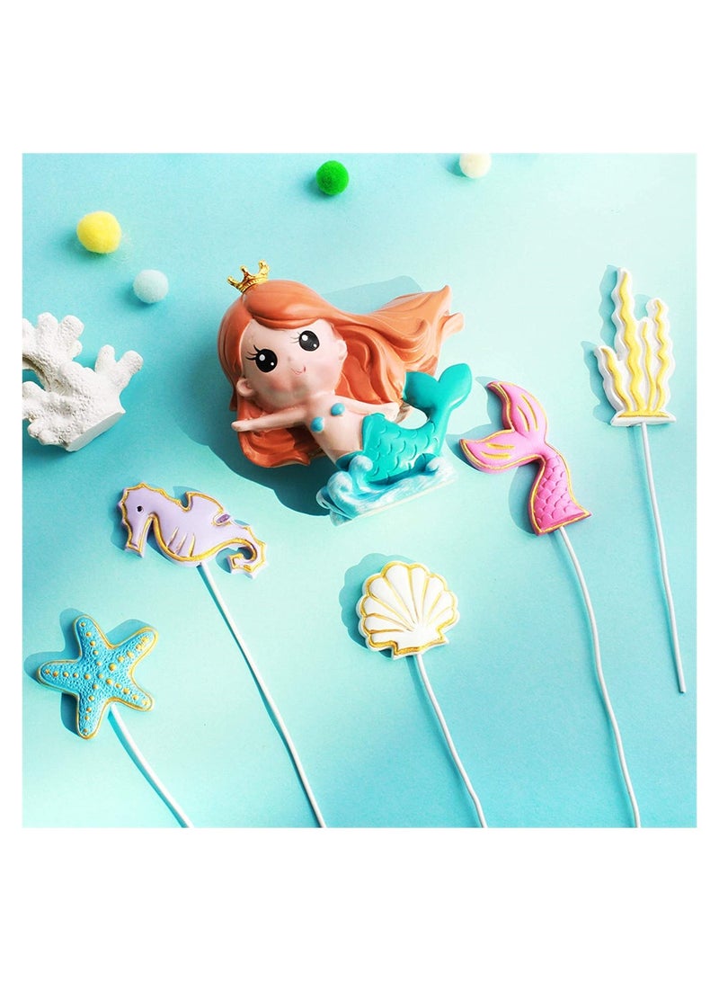 Excefore 6 Pack Resin 3D Mermaid Inspired Cake Topper Figurine with 2D Starfish Seaweed Seahorse Shell Mermaid Tail Cupcake Toppers Picks Kids Birthday Party Wedding Cake Decorations Supplies - Image 5