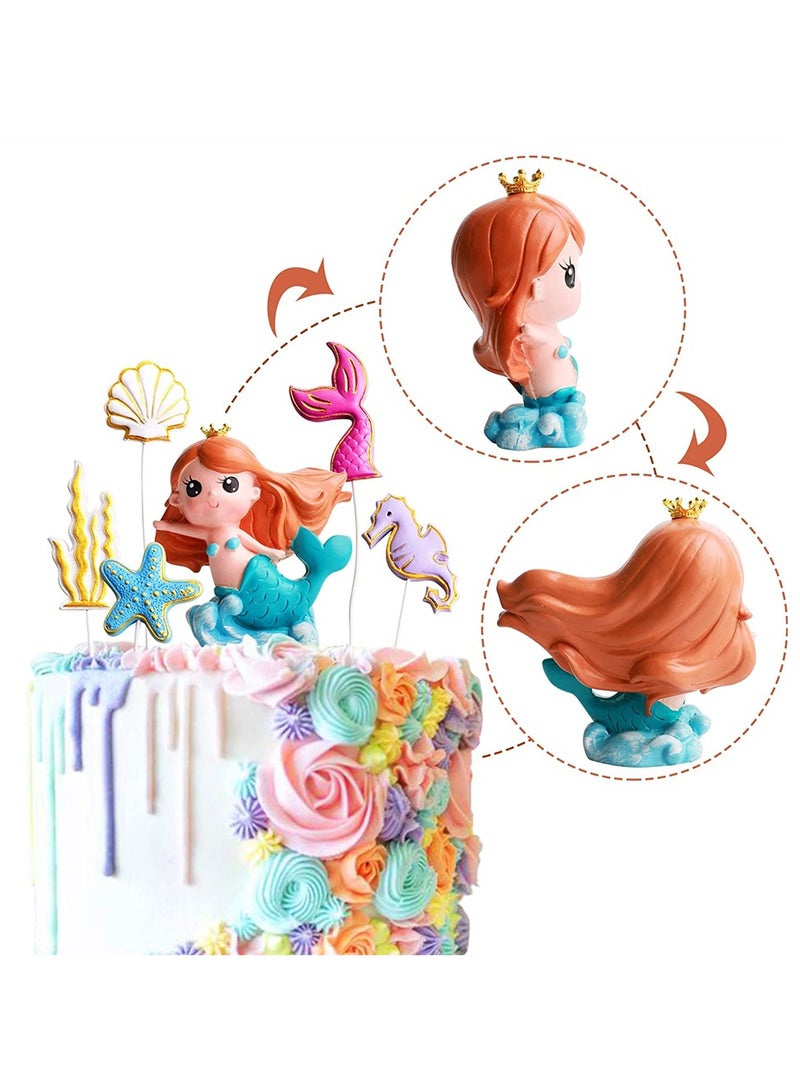 Excefore 6 Pack Resin 3D Mermaid Inspired Cake Topper Figurine with 2D Starfish Seaweed Seahorse Shell Mermaid Tail Cupcake Toppers Picks Kids Birthday Party Wedding Cake Decorations Supplies - Image 4