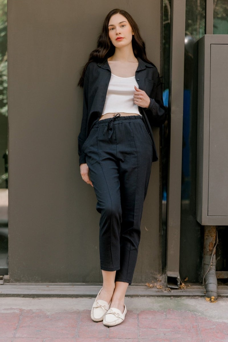 1Tarz 1Style Barbora Linen Casual Two Piece Suit Trousers Shirt MSLN21BLACK - Image 1