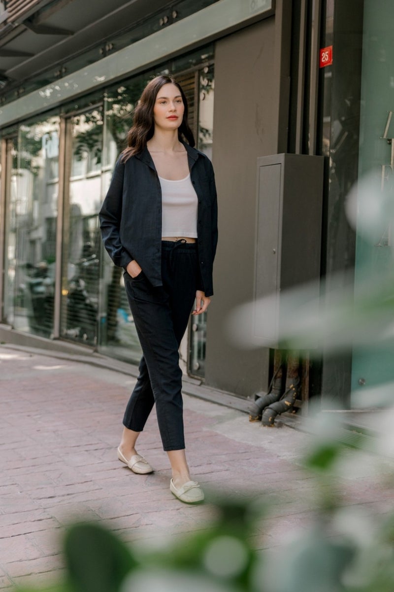 1Tarz 1Style Barbora Linen Casual Two Piece Suit Trousers Shirt MSLN21BLACK - Image 3