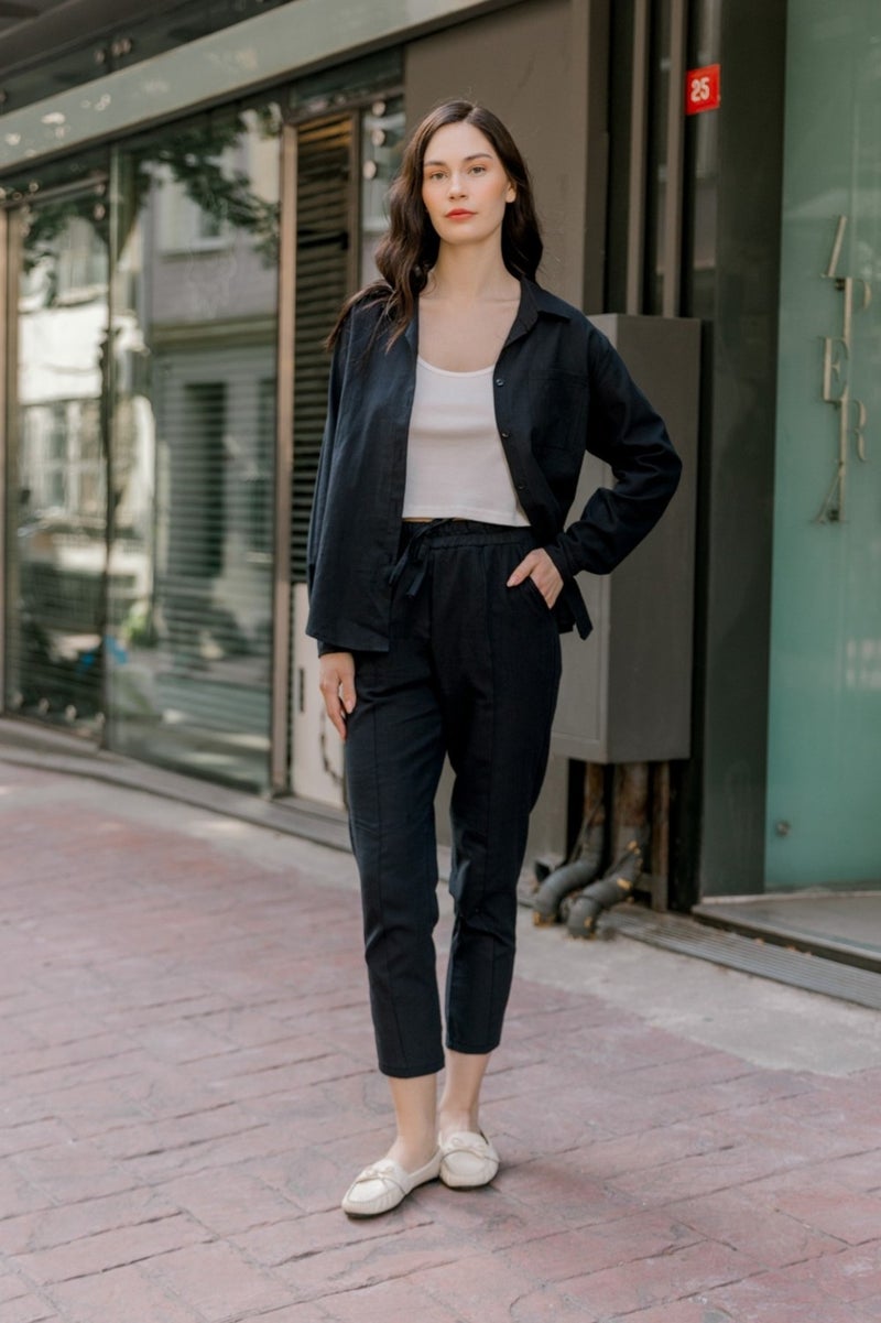 1Tarz 1Style Barbora Linen Casual Two Piece Suit Trousers Shirt MSLN21BLACK - Image 4
