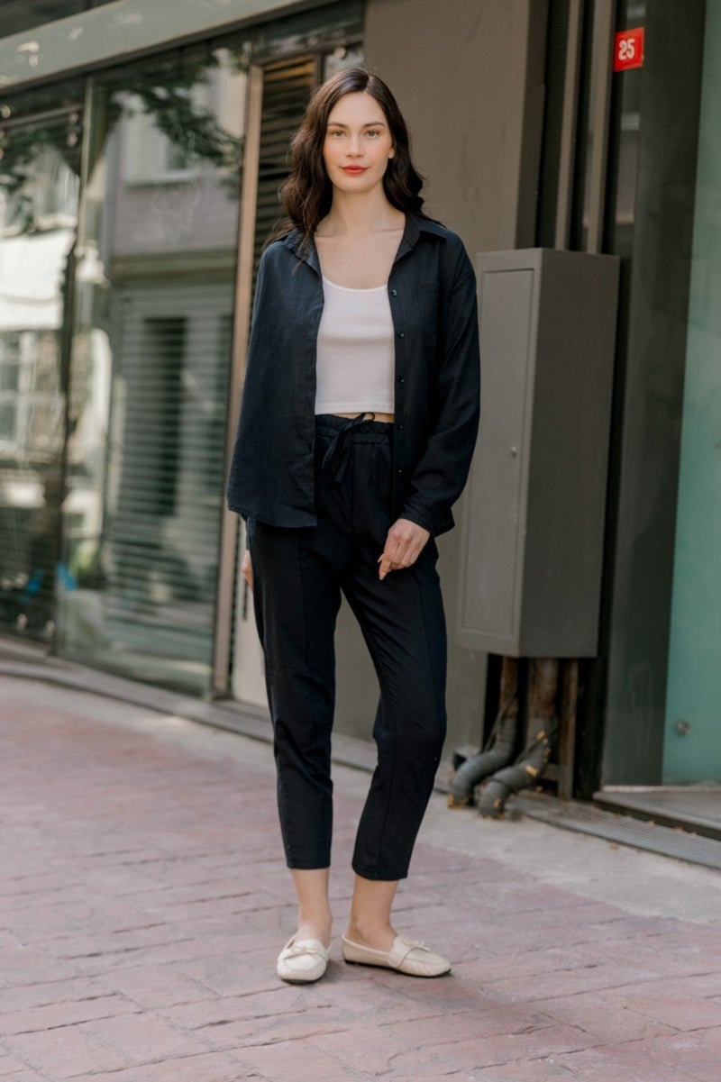 1Tarz 1Style Barbora Linen Casual Two Piece Suit Trousers Shirt MSLN21BLACK - Image 5
