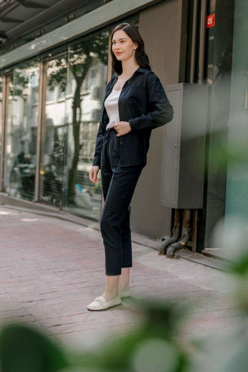 1Tarz 1Style Barbora Linen Casual Two Piece Suit Trousers Shirt MSLN21BLACK - Image 2