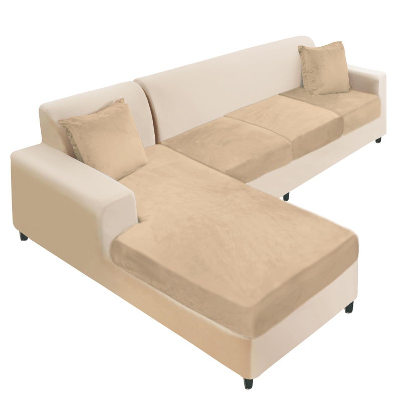 NAISI Sectional Couch Cover 4 Pieces Velvet Separate Couch Cushion Covers L Shape Soft Stretch Sofa Slipcovers with 2pcs Pillowcases for LeftRight Chaise Sectional Sofa3 Seater1 ChaiseCamel