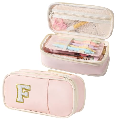 Janhavi Preppy Pencil Case for School Supplies, Large Initial Pencil Pouch with Zipper, Cute Pencil Bag for Office Supplies, Aesthetic Birthday Gift for Kids Teen Girls Adults - Pink F(Chenille) - Image 1