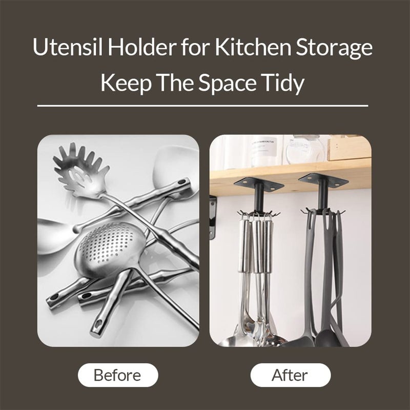 Aosome 2 Pcs Utensil Under Cabinet Holder 360 Rotating Stainless Steel Kitchen Utensil Holder Hangers 8-Hooks - Image 3