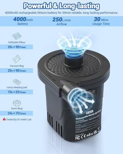 Dr.meter Air Pump for Inflatables, Rechargeable 4000mAh Battery Air Mattress Pump - Portable Quick-Fill Inflator Deflator for Outdoor Camping Inflatable Pool Float Boat Raft Yoga Ball Swim Ring Airbed - Image 2
