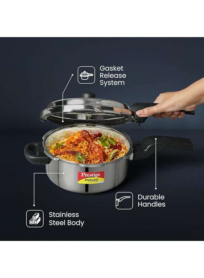 برستيج قدر ضغط ديلوكس ألفا سفاتش، سعة 3 لترات | فولاذ مقاوم للصدأ | متوافق مع الحث | قاعدة مضادة للانتفاخ | مؤشر ضغط فريد فضي - Image 3