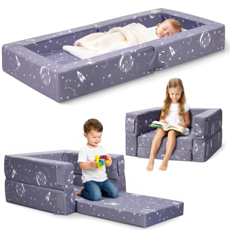 FRUITEAM 3-in-1 Portable Toddler Travel Bed, Flip Open Sofa Lounger with High-Density Foam for Camping & Indoor/Outdoor Use, Convertible Machine Washable Space Planet Galaxy Print Cover, Gray - Image 1