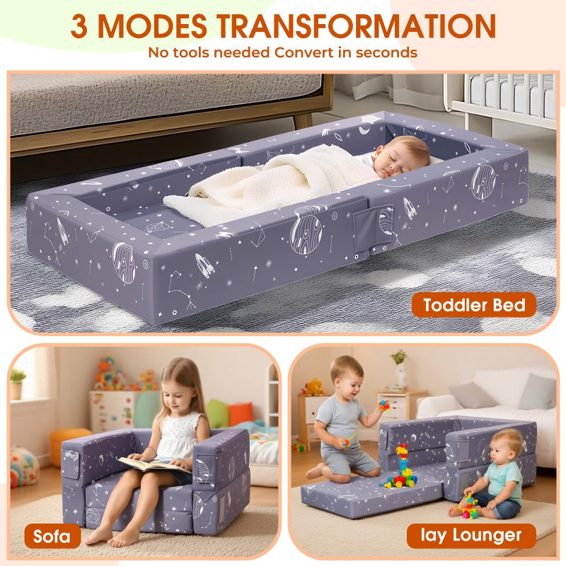 FRUITEAM 3-in-1 Portable Toddler Travel Bed, Flip Open Sofa Lounger with High-Density Foam for Camping & Indoor/Outdoor Use, Convertible Machine Washable Space Planet Galaxy Print Cover, Gray - Image 4