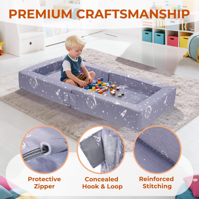 FRUITEAM 3-in-1 Portable Toddler Travel Bed, Flip Open Sofa Lounger with High-Density Foam for Camping & Indoor/Outdoor Use, Convertible Machine Washable Space Planet Galaxy Print Cover, Gray - Image 3
