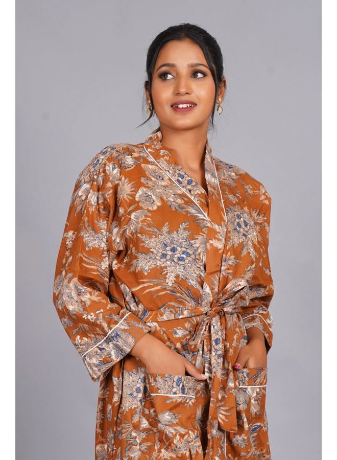 COTSILER Cotton Block Print Kimono Robe for Women Long Bathrobe with Belt & Pockets Soft Lightweight Nightwear Spa,Lounge or Cover-Up, Design 5, One size - Image 3