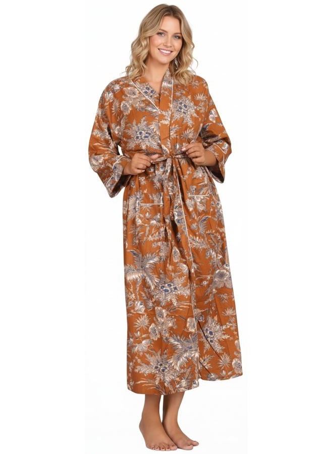 COTSILER Cotton Block Print Kimono Robe for Women Long Bathrobe with Belt & Pockets Soft Lightweight Nightwear Spa,Lounge or Cover-Up, Design 5, One size - Image 1