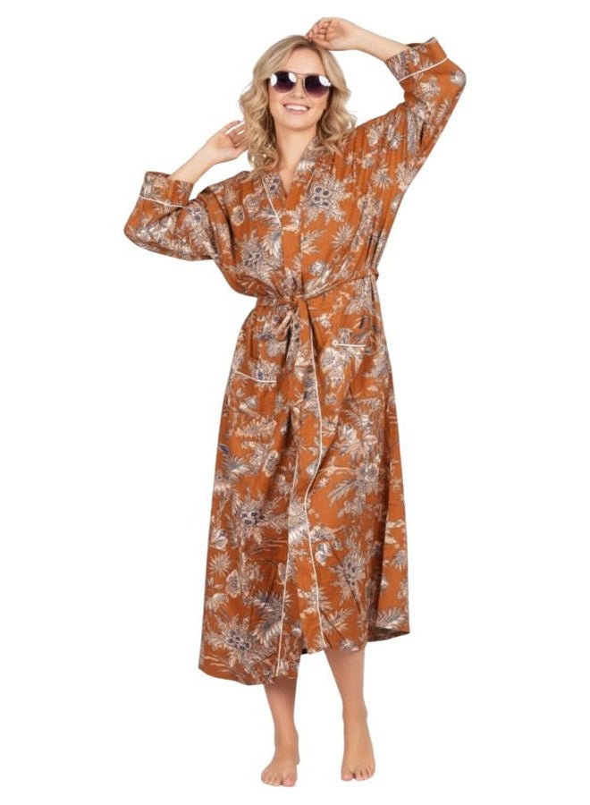 COTSILER Cotton Block Print Kimono Robe for Women Long Bathrobe with Belt & Pockets Soft Lightweight Nightwear Spa,Lounge or Cover-Up, Design 5, One size - Image 2