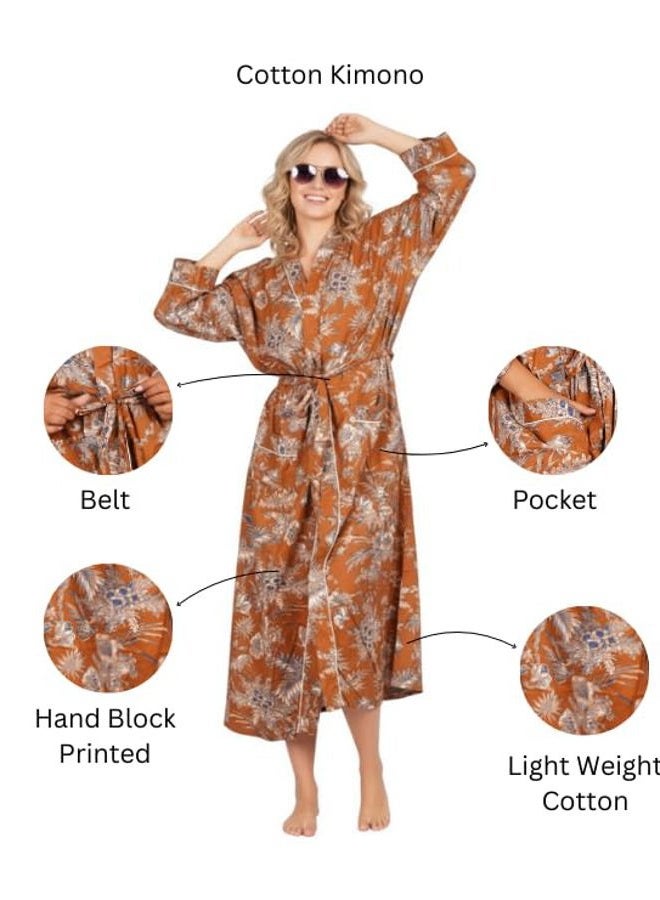 COTSILER Cotton Block Print Kimono Robe for Women Long Bathrobe with Belt & Pockets Soft Lightweight Nightwear Spa,Lounge or Cover-Up, Design 5, One size - Image 4