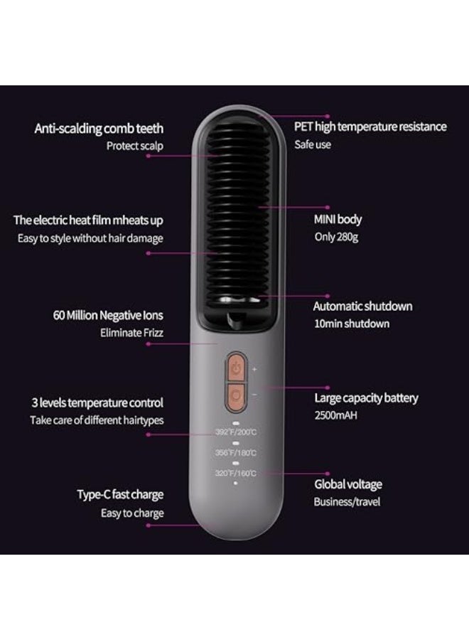 Cordless Hair Straightener Brush – Mini Ionic Hot Comb with Constant Temperature  Negative Ion Protection, 3 Adjustable Heat Levels, Anti-Scalding, USB-C Rechargeable, Portable Straightening Brush fo - Image 4