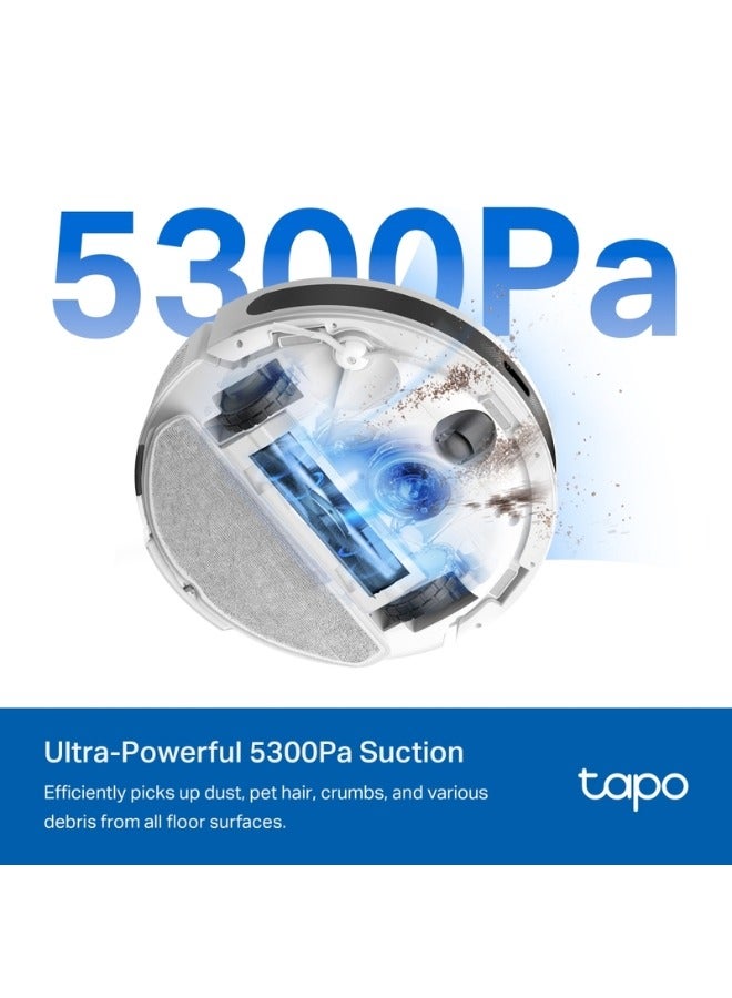تي بي لينك روبوت مكنسة وممسحة Tapo RV20 Max بقوة شفط 5300Pa مع نظام ملاحة MagSlim™ LiDAR، تصميم فائق النحافة 83mm، تنظيف قابل للتخصيص، شحن تلقائي، وتحكم صوتي لتنظيف المنزل بكفاءة وشمولية - أبيض - Image 3