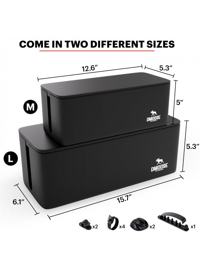 DMoose Cable Management Box - 2 Pack Medium & Large Cord Organizer for Desk & Floor, Cable Organizer Box for Child & Pet - Cable Box Hider for Tidy Office & Home, Power Strip Cover (Black - Pack of 2) - Image 1