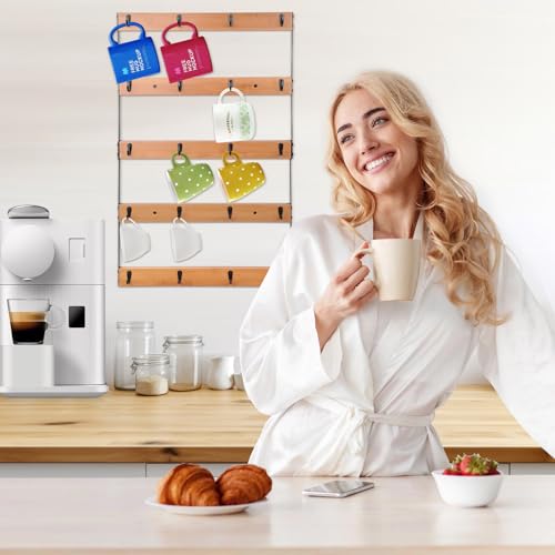 Aomomery Wall Mounted Coffee Mug Holder, Large 5 Tier Shelf with 20 Hooks for Cups, Rustic Wooden Display Rack for Kitchens, Homes and Bars (Bamboo) ﻿ - Image 2