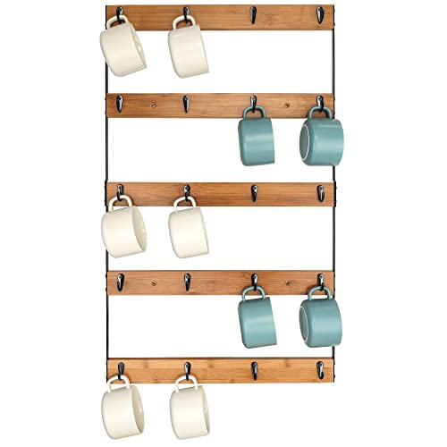 Aomomery Wall Mounted Coffee Mug Holder, Large 5 Tier Shelf with 20 Hooks for Cups, Rustic Wooden Display Rack for Kitchens, Homes and Bars (Bamboo) ﻿ - Image 1