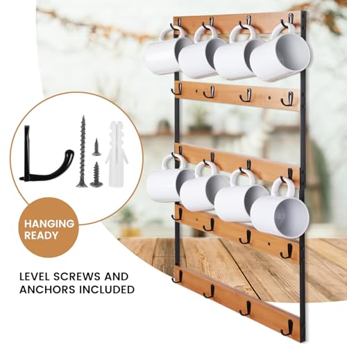 Aomomery Wall Mounted Coffee Mug Holder, Large 5 Tier Shelf with 20 Hooks for Cups, Rustic Wooden Display Rack for Kitchens, Homes and Bars (Bamboo) ﻿ - Image 3