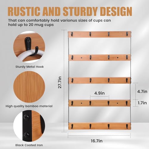 Aomomery Wall Mounted Coffee Mug Holder, Large 5 Tier Shelf with 20 Hooks for Cups, Rustic Wooden Display Rack for Kitchens, Homes and Bars (Bamboo) ﻿ - Image 4