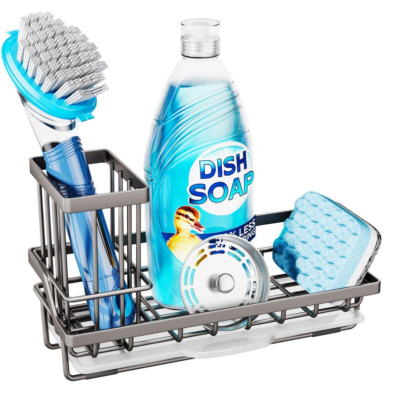 Consumest Sponge Holder for Kitchen Sink Sink Caddy Organizer with Removable Drip Tray Countertop Dish Soap Holder and Brush Holder 304 Stainless Steel  Sand Nickel