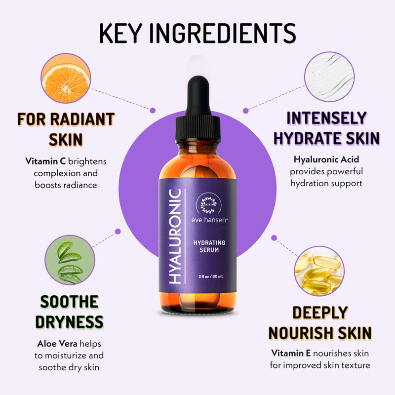 Eve Hansen Hyaluronic Acid Serum for Face | Hydrating Serum with Vitamin C & E | Anti-Aging Facial Moisturizer for Plumping & Wrinkle Care | Vegan & Cruelty-Free | 2 oz - Image 2