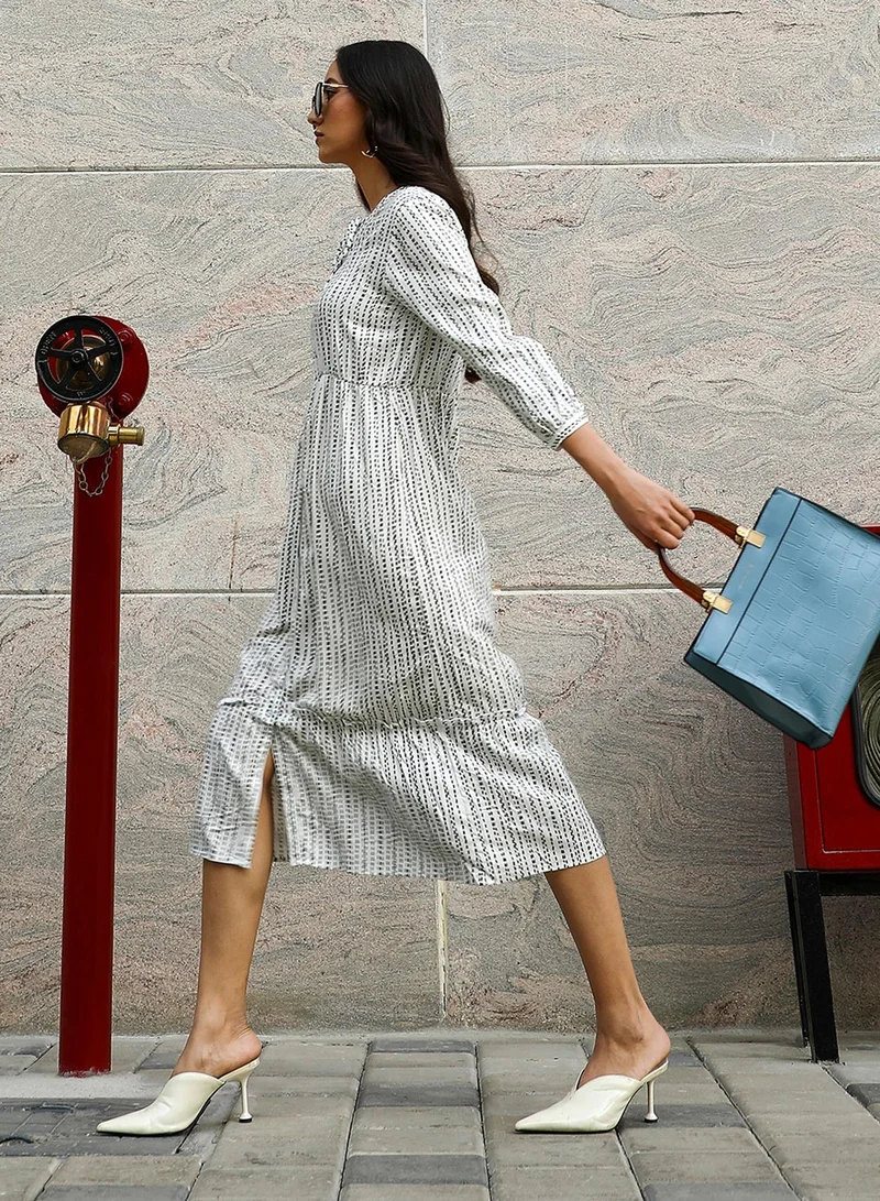 Women's Ivory White & Midnight Black Chalk Striped Midi Dress